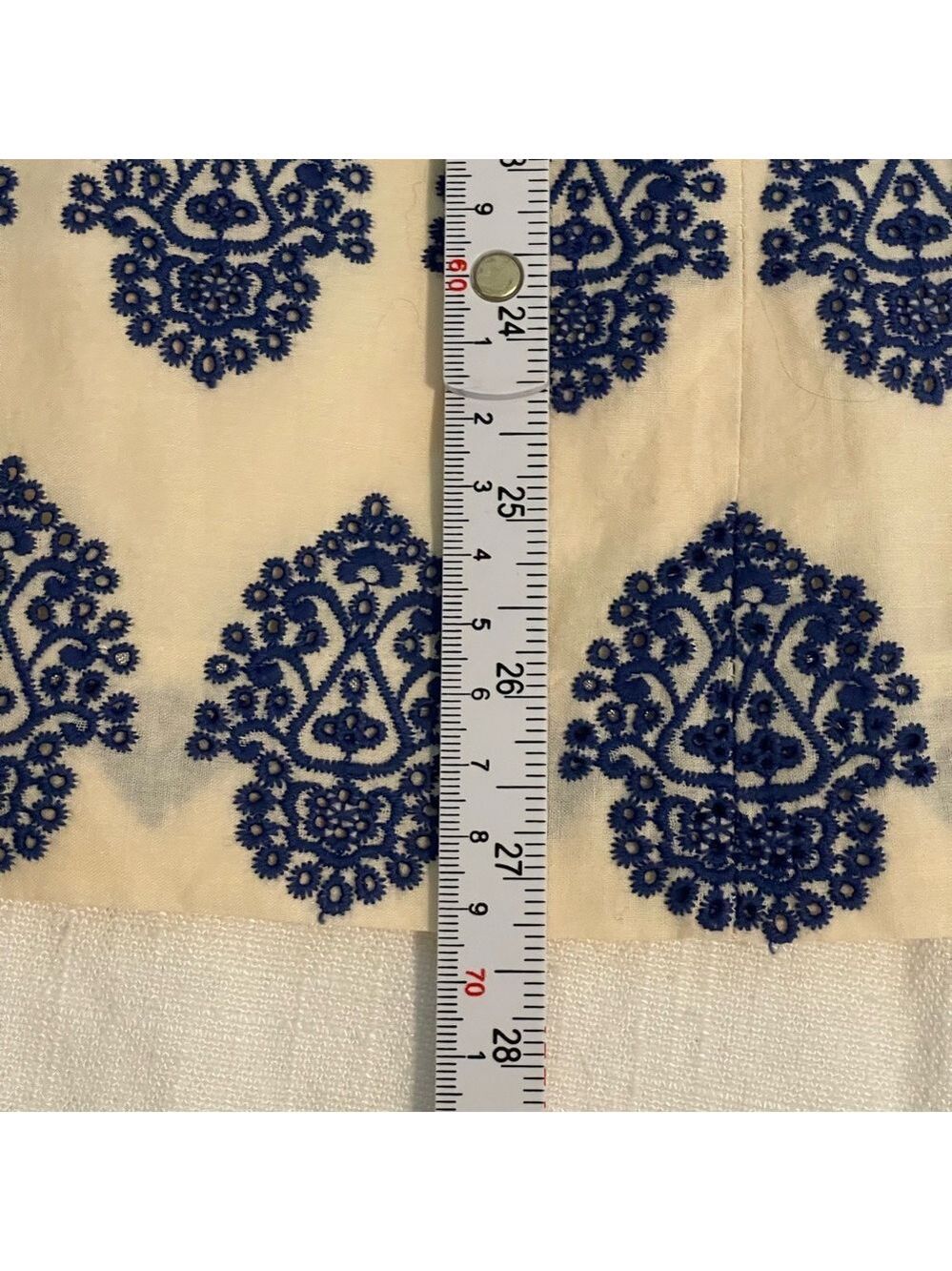 JCREW strapless embroidered mini/midi dress cream and blue size 10 pockets EUC - Picture 10 of 11